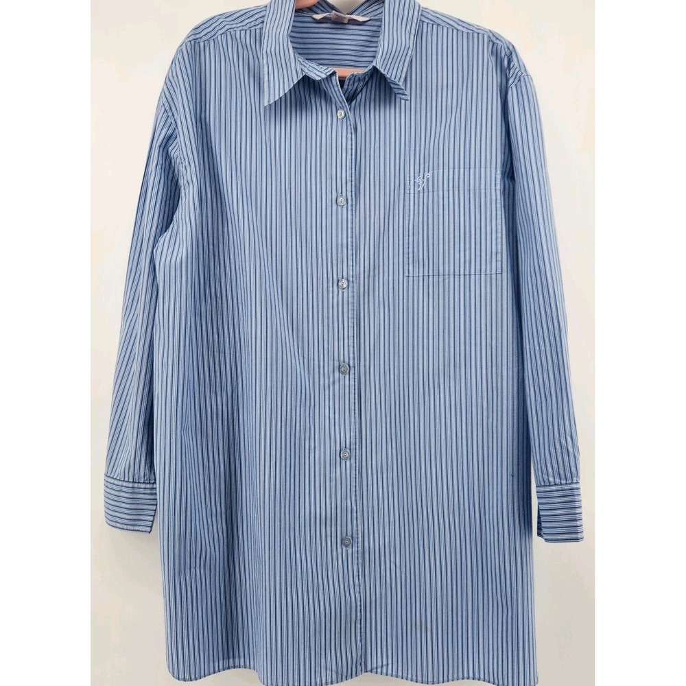 Victoria's Secret Light Blue Striped Button-Down‎ Sleep Shirt L Office Sexy Logo